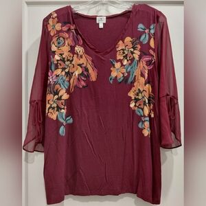Dressbarn Womens Sz L Burgundy Floral Print With Bell Tie Sleeve And V- Neck